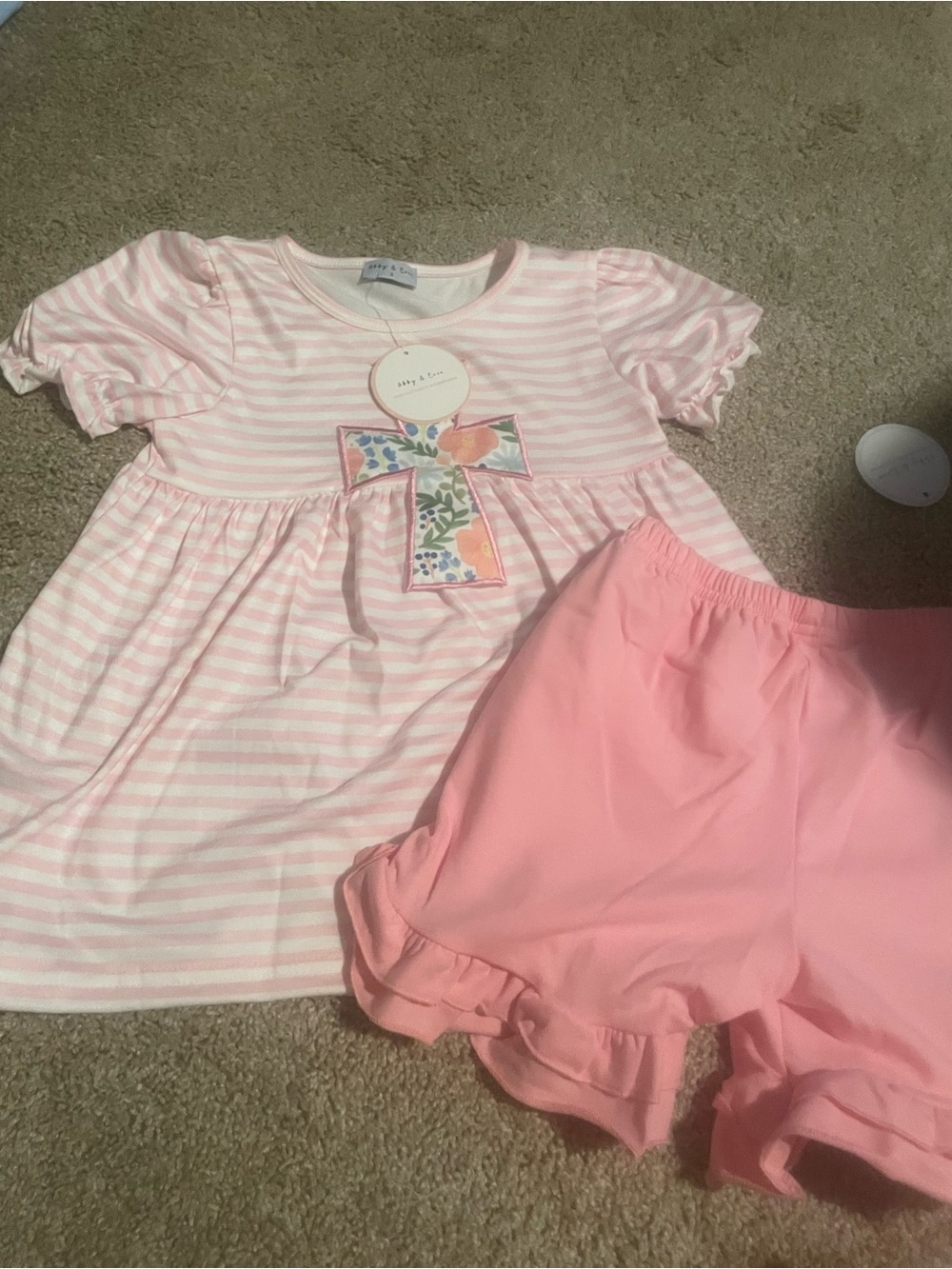 Pink Striped Baby Dress & Ruffle Shorts Set - Floral Cross Detail